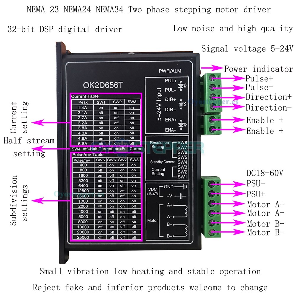 OK2D656T Controlador paso a paso bifásico para motor paso a paso NEMA23 NEMA24 NEMA34